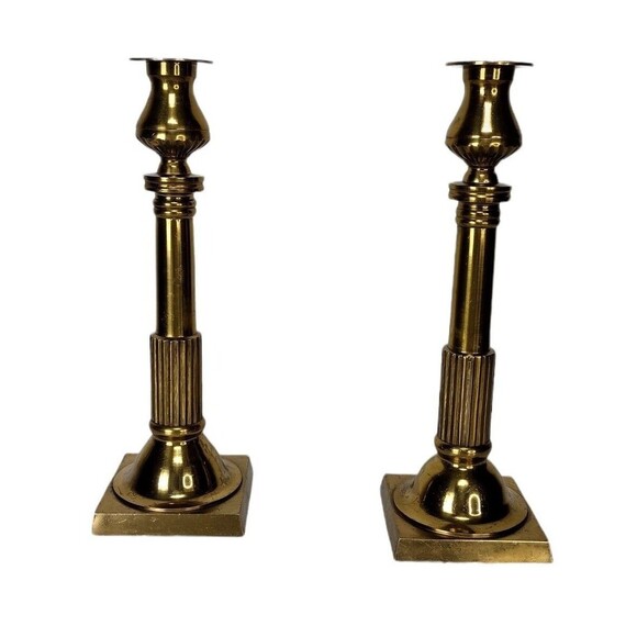 Vintage 60s 70s MCM Heavy Solid Brass Gold Tapered Candle Holders Made In Japan - Picture 3 of 12